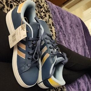 adidas Navy Blue Sneakers with Pastel Pink & Yellow Stripes